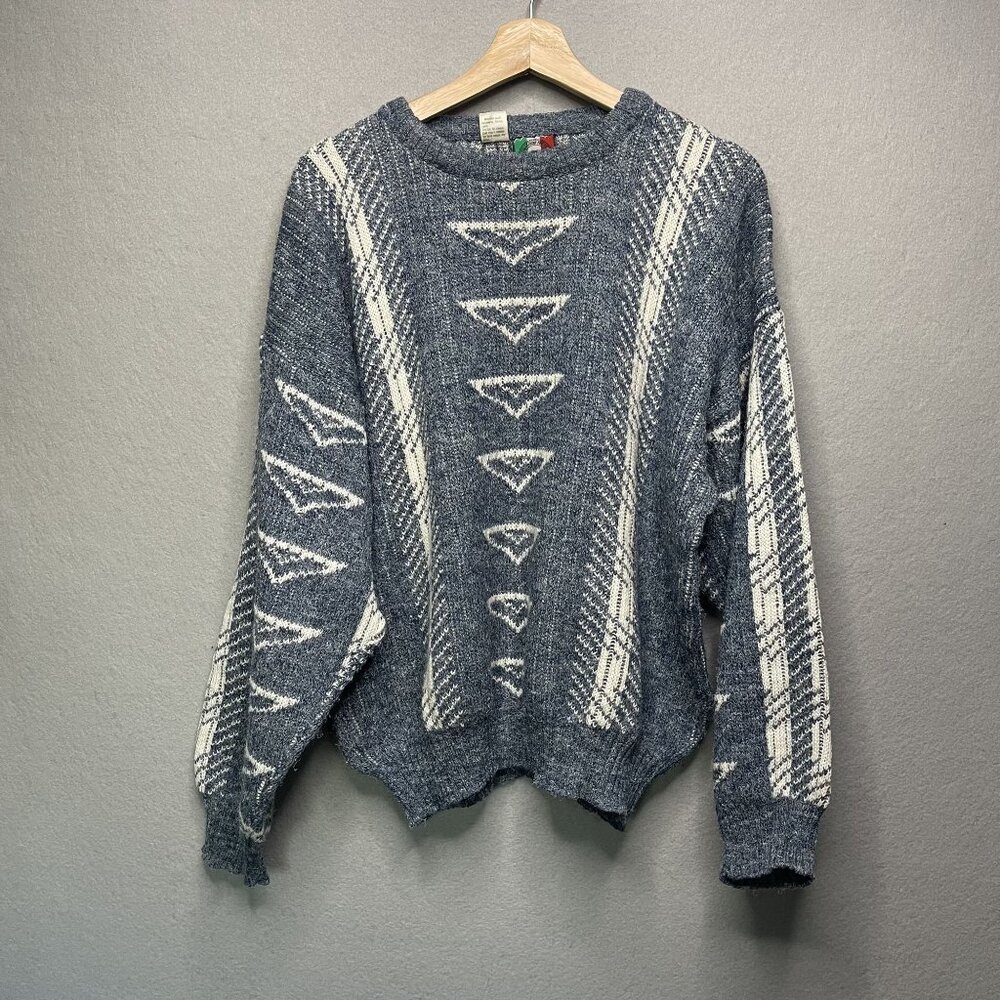 Vintage Colore Italy Blue/White Geometric Knit Sweater L Wool Blend